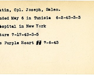 World War II, Vindicator, Joseph Hrvatin, Salem, wounded, Tunisia, 1943, hospital, New York, award, Purple Heart