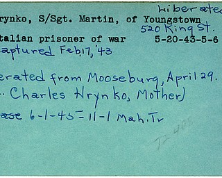 World War II, Vindicator, Martin Hrynko, Youngstown, captured, prisoner, Italy, Italian, 1943, liberated, Mooseburg, 1945, Mahoning, Trumbull, Mrs. Charles Hrynko