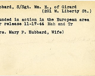 World War II, Vindicator, Wm. E. Hubbard, William, Girard, wounded, Europe, 1944, Mahoning, Trumbull, Mary P. Hubbard