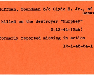 World War II, Vindicator, Clyde H. Huffman Jr., Genava, missing, 1943, killed, on destroyer "Murphey", 1944, Mahoning