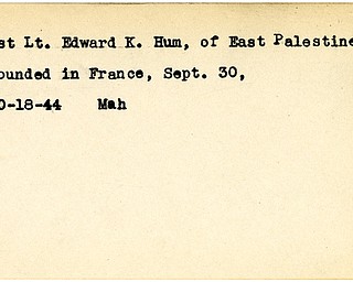 World War II, Vindicator, Edward K. Hum, East Palestine, wounded, France, 1944, Mahoning