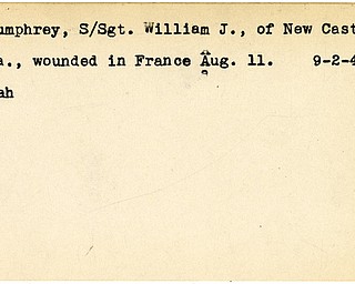 World War II, Vindicator, William J. Humphrey, New Castle, Pennsylvania, wounded, France, 1944, Mahoning