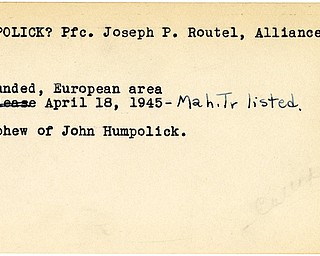 World War II, Vindicator, Joseph P. Humpolick, Alliance, wounded, Europe, 1945, Mahoning, Trumbull, John Humpolick