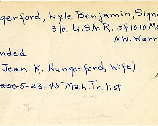 World War II, Vindicator, Lyle Benjamin Hungerford, Warren, wounded, 1945, Mahoning, Trumbull, Jean K. Hungerford