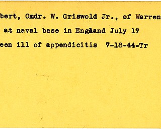 World War II, Vindicator, W. Griswold Hurlbert Jr., Warren, died, naval base, England, ill, appendicitis, 1944, Trumbull