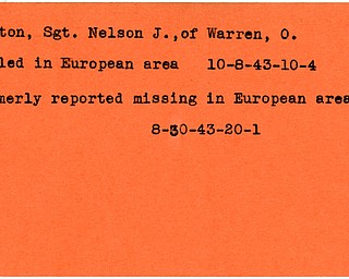 World War II, Vindicator, Nelson J. Huston, Warren, Ohio, missing, Europe, killed, 1943