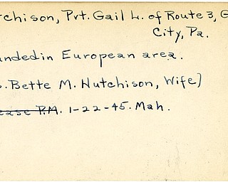 World War II, Vindicator, Gail L. Hutchison, Grove City, Pennsylvania, wounded, Europe, 1945, Mahoning, Bette M. Hutchison