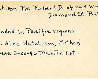 World War II, Vindicator, Robert D. Hutchison, Butler, wounded, Pacific, 1945, Mahoning, Trumbull, Alice Hutchison