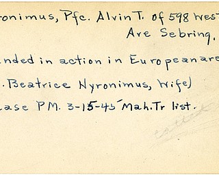 World War II, Vindicator, Alvin T. Hyronimus, Sebring, wounded, Europe, 1945, Mahoning, Trumbull, Beatrice Hyronimus