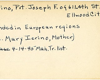 World War II, Vindicator, Jospeh F. Ierino, Ellwood City, wounded, Europe, 1945, Mahoning, Trumbull, Mary Ierino