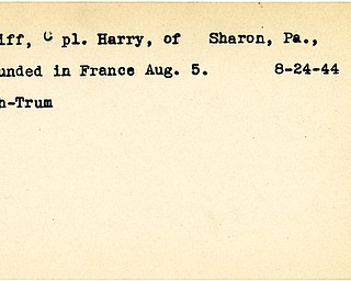 World War II, Vindicator, Harry Iliff, Sharon, Pennsylvania, wounded, France, 1944, Mahoning, Trumbull