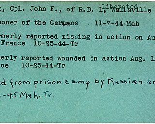 World War II, Vindicator, John F. Jack, Wellsville, wounded, France, missing, prisoner, Germany, 1944, liberated, freed, prison camp, Russian army, 1945, Mahoning, Trumbull