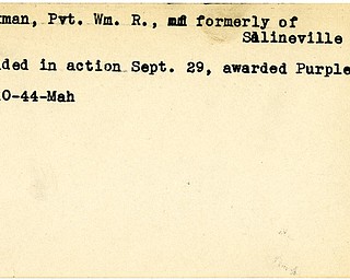 World War II, Vindicator, Wm. R. Jackman, Salineville, wounded, award, Purple Heart, 1944, Mahoning, William R. Jackman