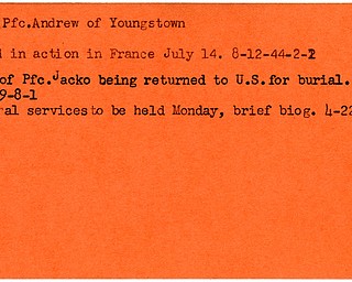World War II, Vindicator, Andrew Jacko, Youngstown, killed, France, 1944, body returned to US, 1949, funeral