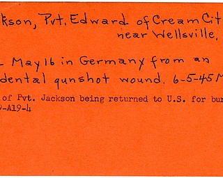 World War II, Vindicator, Edward Jackson, Cream City, Wellsville, died, accidental gunshot wound, Germany, 1945, body returned to US, burial, 1949, Mahoning, Trumbull