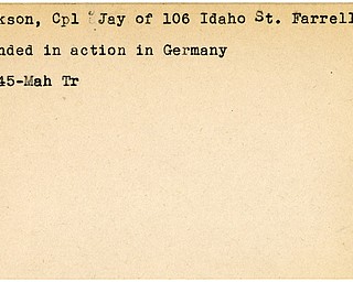 World War II, Vindicator, Jay Jackson, Farrell, wounded, Germany, 1945, Mahoning, Trumbull