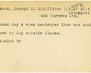 World War II, Vindicator, Joseph H. Jackson, East Liverpool, wounded, destroyer Luce, sunk, Okinawa, Japan, 1945, Trumbull