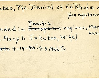 World War II, Vindicator, Daniel Jakubec, Youngstown, wounded, Pacific, Luzon, 1945, Mahoning, Trumbull, Mary L. Jakubec