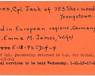 World War II, Vindicator, Jack James, Youngstown, killed, Europe, Germany, 1945, body returned to US, burial, 1948, funeral, 1949, Emma M. James