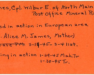 World War II, Vindicator, Wilbur E. James, Mineral Ridge, missing, killed, Europe, 1945, Mahoning, Trumbull, Alice M. James