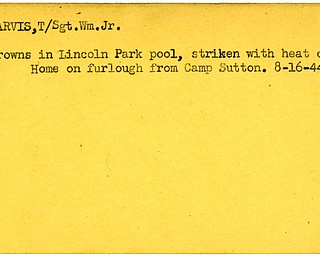 World War II, Vindicator, Wm Jarvis Jr., William Jarvis Jr., drowns, Lincoln Park Pool, heat cramps, home, furlough, Camp Sutton, 1944