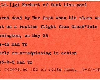 World War II, Vindicator, Herbert Jay, East Liverpool, declared dead, died, plane lost, Grossee Isle, Michigan, Washington, 1945, missing, body recovered, en route home, Mahoning, Trumbull