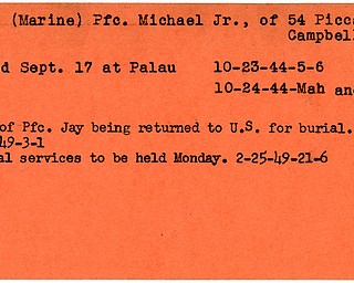 World War II, Vindicator, Michael Jay Jr., Campbell, died, Palau, 1944, body returned to US, burial, 1949, funeral, Mahoning, Trumbull