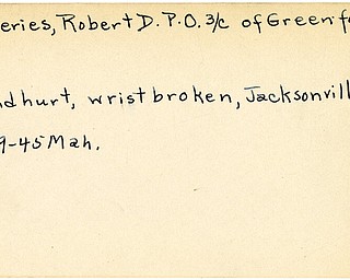 World War II, Vindicator, Robert D. Jefferies, Greenford, hand hurt, wrist broken, wounded, Jacksonville, Florida, 1945, Mahoning