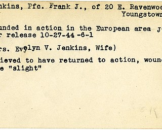 World War II, Vindicator, Frank J. Jenkins, Youngstown, wounded, Europe, 1944, returned to action, Evelyn V. Jenkins