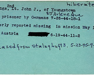 World War II, Vindicator, John J. Jennings, Youngstown, prisoner, Germany, missing, Austria, 1944, liberated, Stalag Luft, 1945, Mahoning, Trumbull