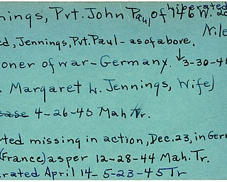 World War II, Vindicator, John Paul Jennings, Niles, liberated, prisoner, Germany, 1945, Trumbull, Mahoning, missing, France, 1944, Margaret L. Jennings
