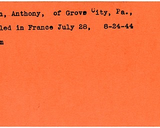 World War II, Vindicator, Anthony Johh, Grove City, Pennsylvania, killed, France, 1944, Trumbull