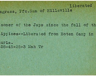 World War II, Vindicator, Sam Johngrass, prisoner, Japan, Philippines, liberated, Hoten Camp, Manchuria, 1945, Mahoning, Trumbull