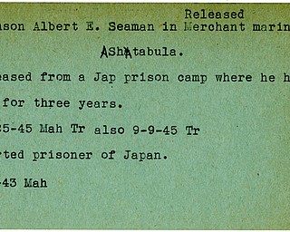 World War II, Vindicator, Albert E. Johnson, Ashtabula, prisoner, Japan, 1943, released, 1945, Mahoning, Trumbull
