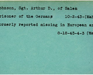 World War II, Vindicator, Arthur D. Johnson, Salem, missing, Europe, prisoner, Germany, 1943, Mahoning