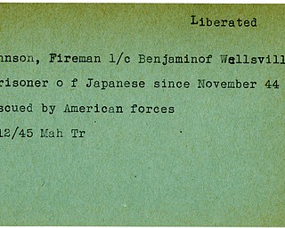 World War II, Vindicator, Benjamin Johnson, Wellsville, prisoner, Japan, liberated, rescued, American Forces, 1945, Mahoning, Trumbull