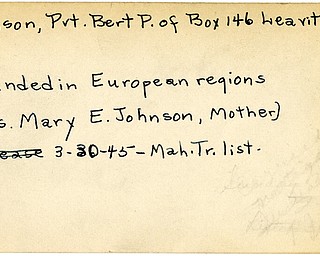 World War II, Vindicator, Bert P. Johnson, Leavittsburg, wounded, Europe, 1945, Mahoning, Trumbull, Mary E. Johnson