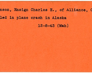 World War II, Vindicator, Charles E. Johnson, Alliance, Ohio, killed, plane crash, Alaska, 1943, Mahoning