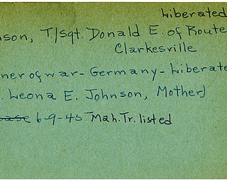 World War II, Vindicator, Donald E. Johnson, Clarkesville, prisoner, Germany, liberated, 1945, Mahoning, Trumbull, Leona E. Johnson