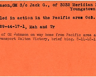 World War II, Vindicator, Jack G. Johnson, Youngstown, killed, Pacific, 1944, body on way home, aboard, U.S. Transport Dalton Victory, 1948, Mahoning, Trumbull