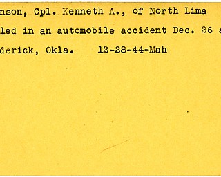 World War II, Vindicator, Kenneth A. Johnson, North Lima, killed, automobile accident, Frederick, Oklahoma, 1944, Mahoning