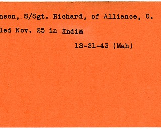 World War II, Vindicator, Richard Johnson, Alliance, Ohio, killed, India, 1943, Mahoning