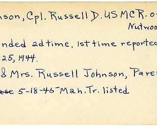World War II, Vindicator, Russell D. Johnson, Nutwood, wounded, 1944, 1945, Mahoning, Trumbull, Mr. & Mrs. Russell Johnson