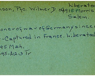 World War II, Vindicator, Wilmer D. Johnson, Salem, prisoner, Germany, 1944, captured, France, liberated, 1945, Mahoning, Trumbull