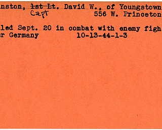 World War II, Vindicator, David W. Johnston, Youngstown, killed, Germany, 1944