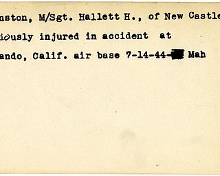 World War II, Vindicator, Hallett H. Johnston, New Castle, wounded, injured, accident, Delando, California, air base, 1944, Mahoning