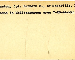 World War II, Vindicator, Kenneth W. Johnston, Meadvilled, Pennsylvania, wounded, Mediterranean, 1944, Mahoning, Trumbull