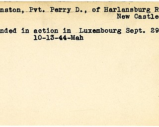 World War II, Vindicator, Perry D. Johnston, New Castle, wounded, Luxembourg, 1944, Mahoning