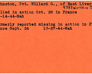 World War II, Vindicator, Willard G. Johnston, East Liverpool, missing, killed, France, 1944, Mahoning