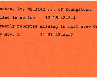 World War II, Vindicator, William J. Johnston, Youngstown, killed, 1943, missing, Germany, raid